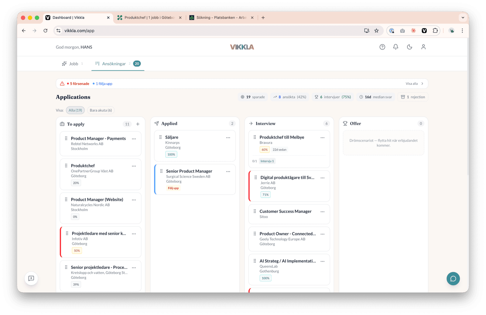 Vikkla kanban — pipeline of saved jobs, applications, interviews, and offers
